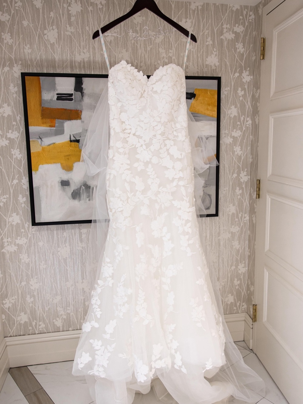 Elegant White Floral Lace Wedding Dress, Includes Custom Made Cathedral Veil